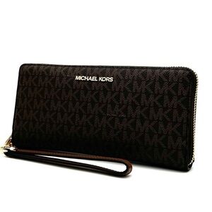 Michael Kors Large Travel Continental Wallet Wristlet Brown/Gold